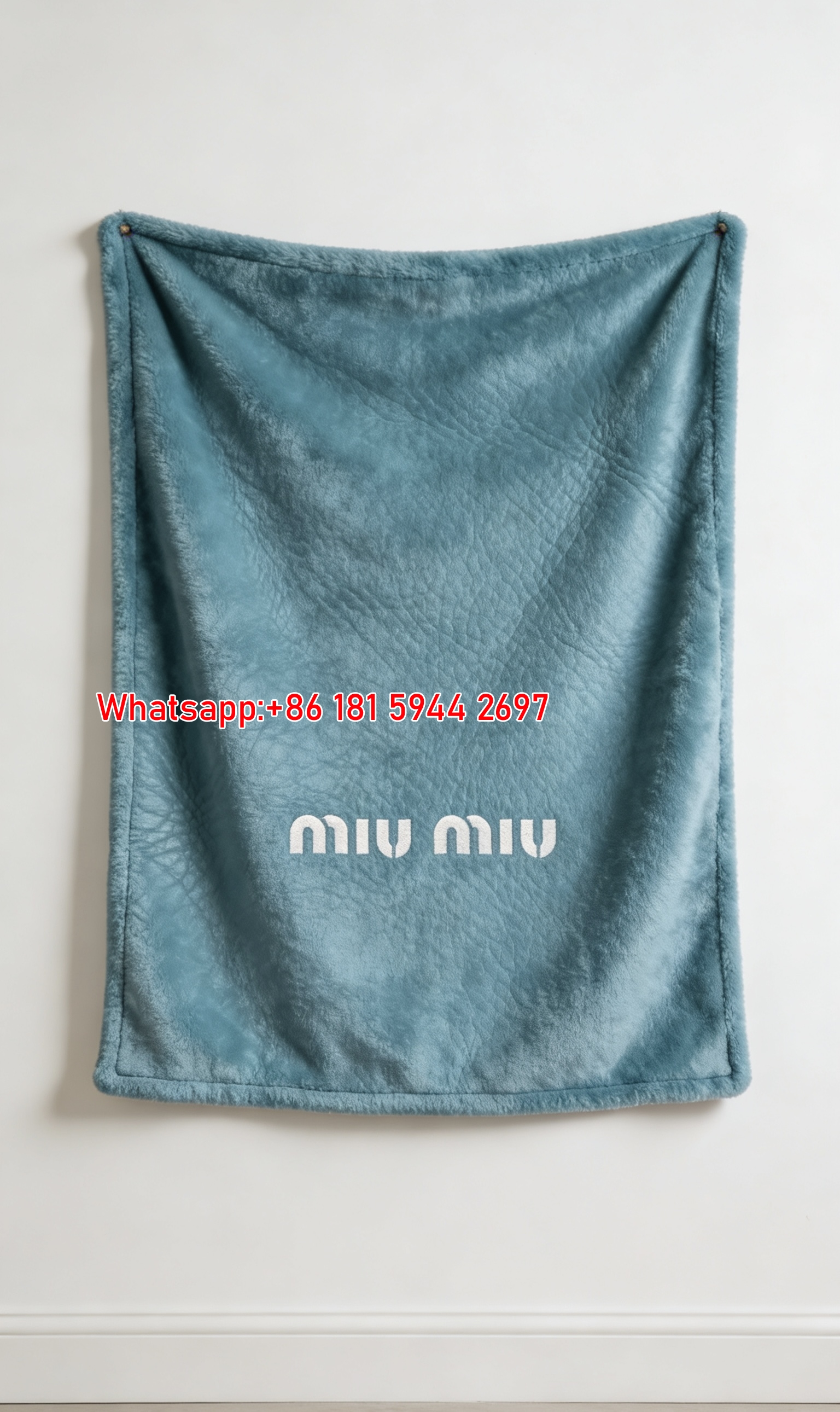 Miu Miu Turquoise Leather Texture Flannel Throw Blanket Miu Miu Silver Logo Printed Sofa Blanket IMG_0374